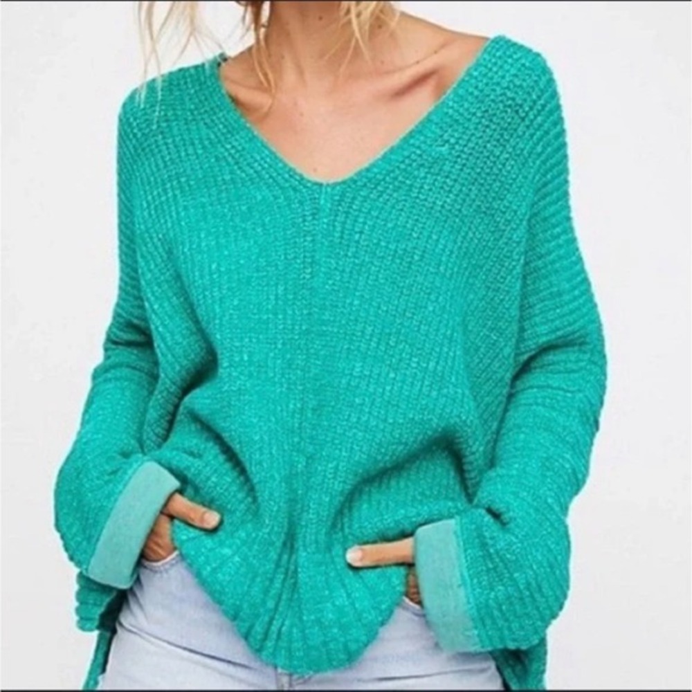 Free People Oversized V Neck Distressed Knit Sweater Teal‎ Green XS